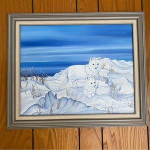 Vintage Arctic Fox Painting in Blue and White